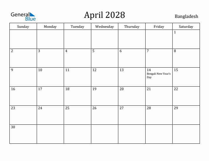 April 2028 Calendar Bangladesh