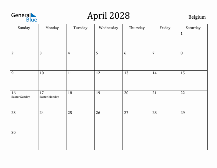 April 2028 Calendar Belgium
