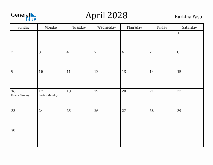 April 2028 Calendar Burkina Faso