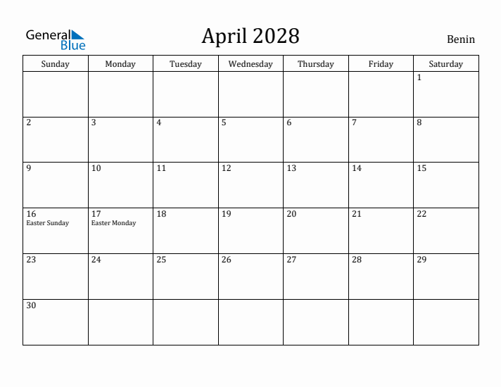 April 2028 Calendar Benin