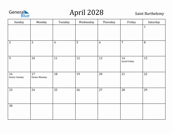 April 2028 Calendar Saint Barthelemy