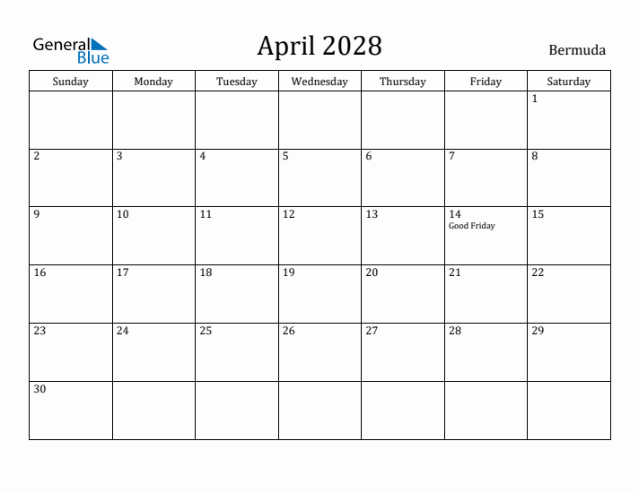 April 2028 Calendar Bermuda