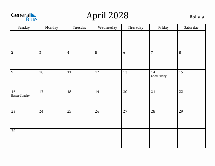 April 2028 Calendar Bolivia