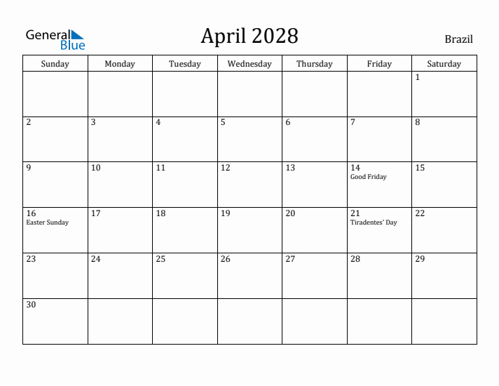 April 2028 Calendar Brazil