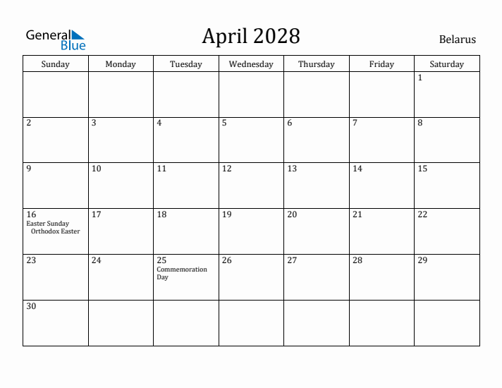 April 2028 Calendar Belarus