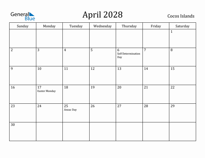 April 2028 Calendar Cocos Islands