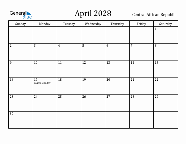 April 2028 Calendar Central African Republic