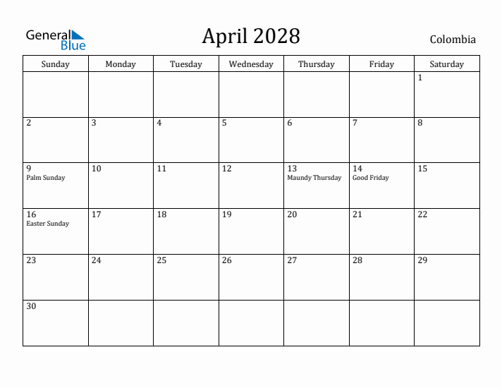 April 2028 Calendar Colombia