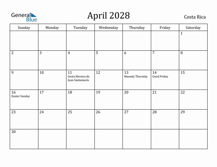 April 2028 Calendar Costa Rica
