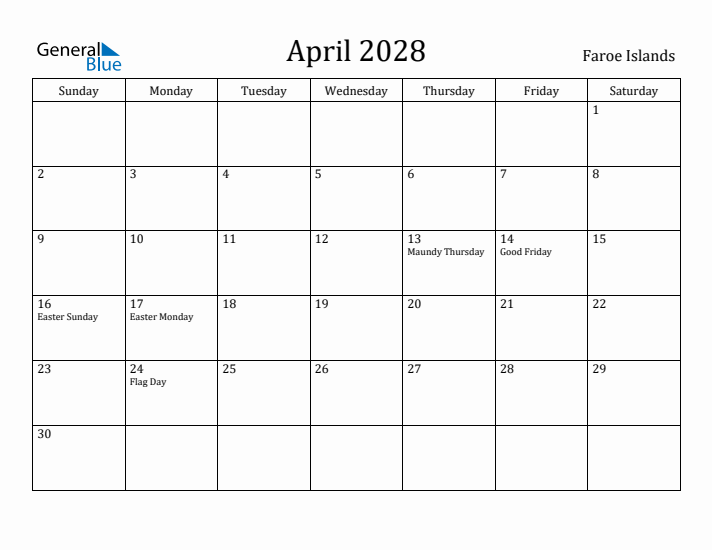 April 2028 Calendar Faroe Islands