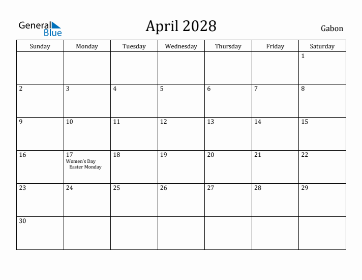 April 2028 Calendar Gabon