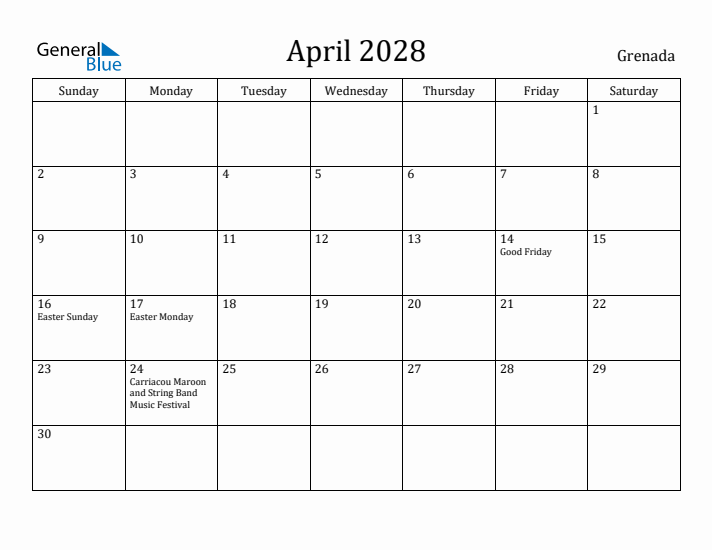 April 2028 Calendar Grenada
