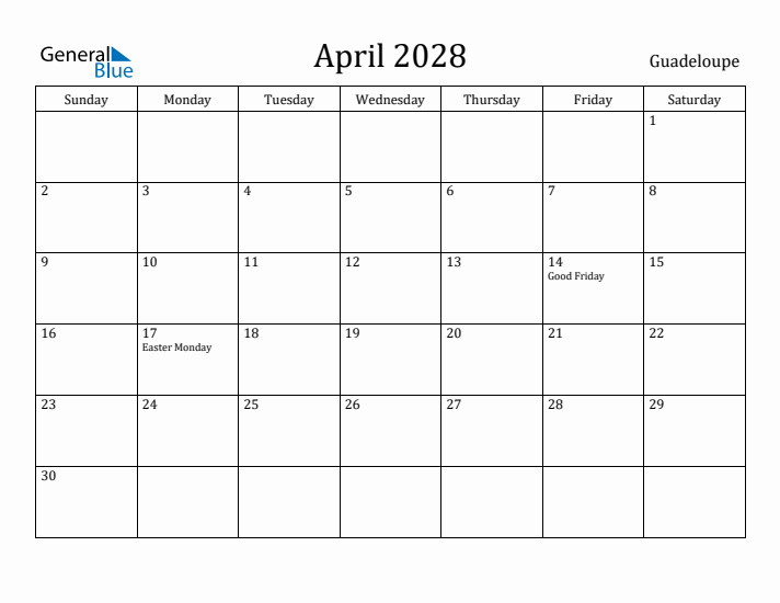 April 2028 Calendar Guadeloupe