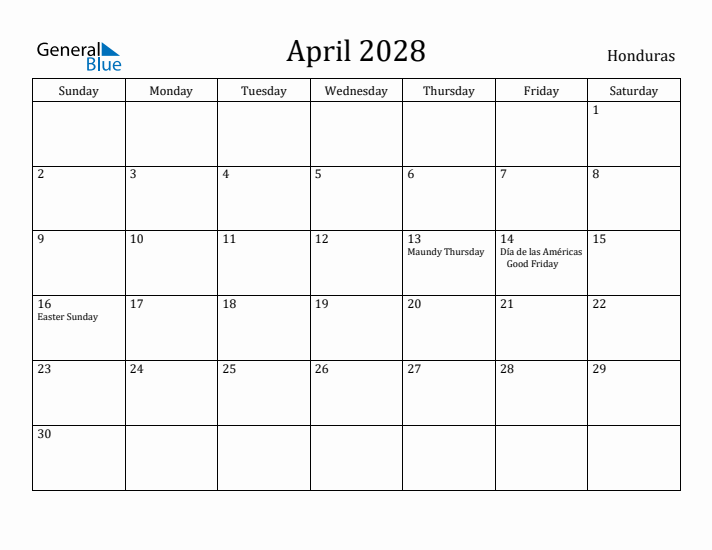 April 2028 Calendar Honduras