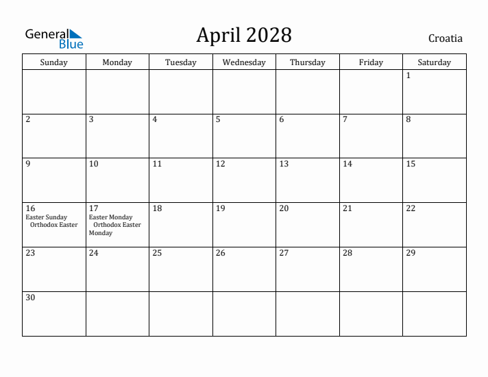 April 2028 Calendar Croatia