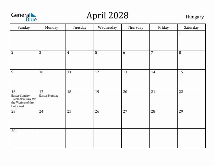 April 2028 Calendar Hungary