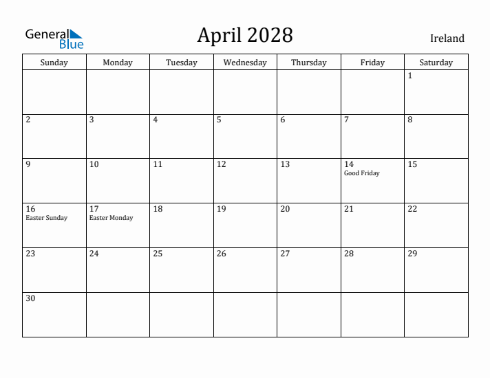 April 2028 Monthly Calendar With Ireland Holidays