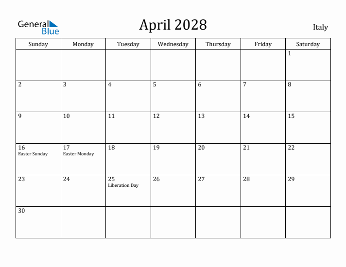 April 2028 Calendar Italy
