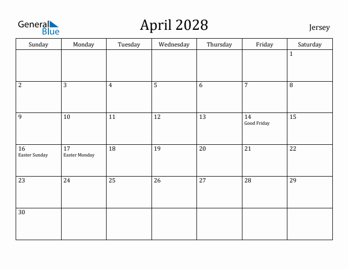 April 2028 Calendar Jersey
