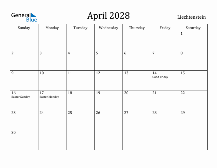 April 2028 Calendar Liechtenstein