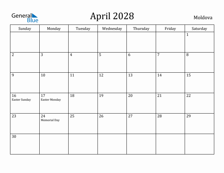 April 2028 Calendar Moldova