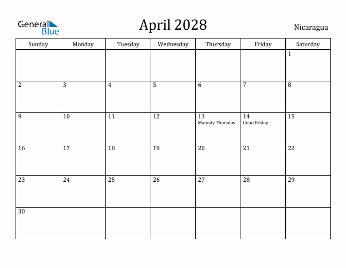 April 2028 Calendar Nicaragua