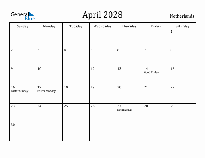 April 2028 Calendar The Netherlands