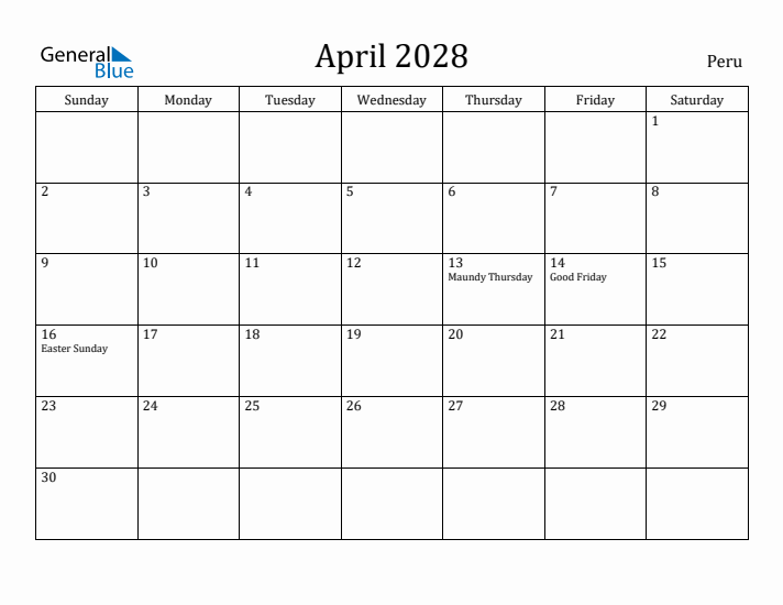 April 2028 Calendar Peru