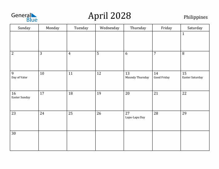 April 2028 Calendar Philippines