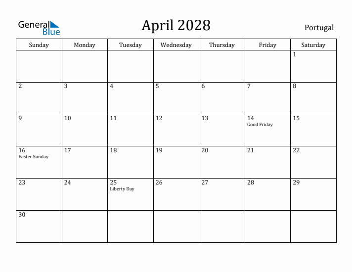 April 2028 Calendar Portugal