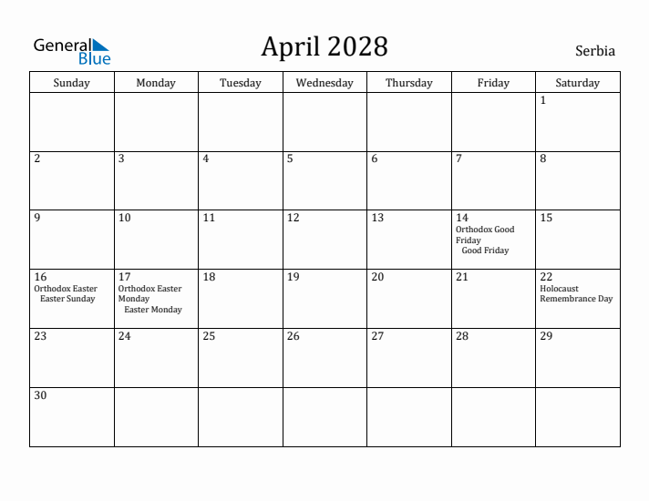 April 2028 Calendar Serbia