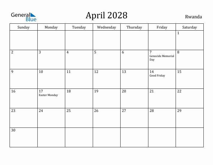 April 2028 Calendar Rwanda