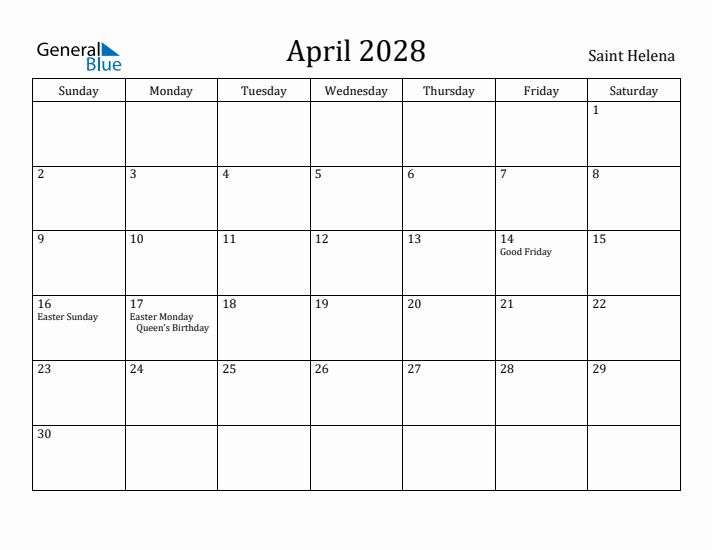 April 2028 Calendar Saint Helena