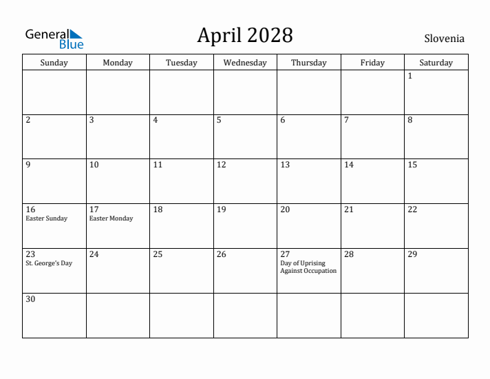 April 2028 Calendar Slovenia