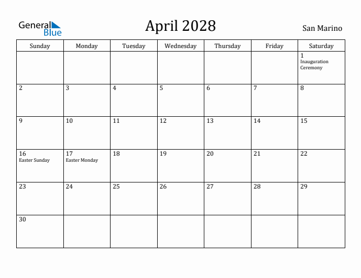April 2028 Calendar San Marino