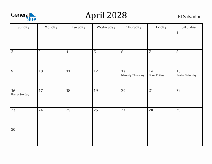 April 2028 Calendar El Salvador