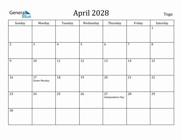 April 2028 Calendar Togo