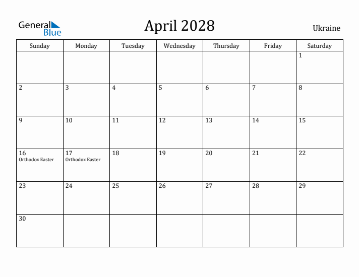 April 2028 Calendar Ukraine