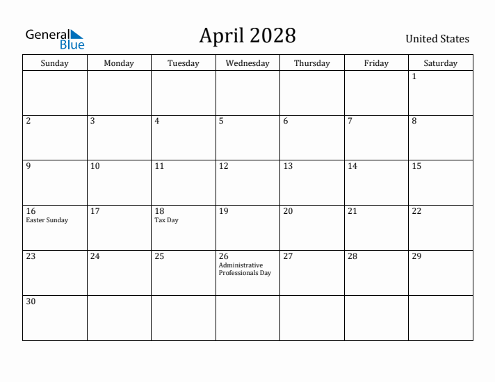 April 2028 Calendar United States
