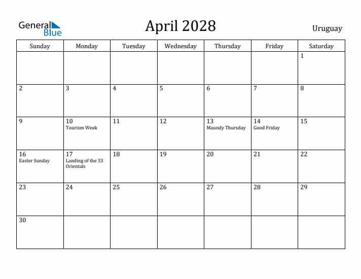 April 2028 Calendar Uruguay