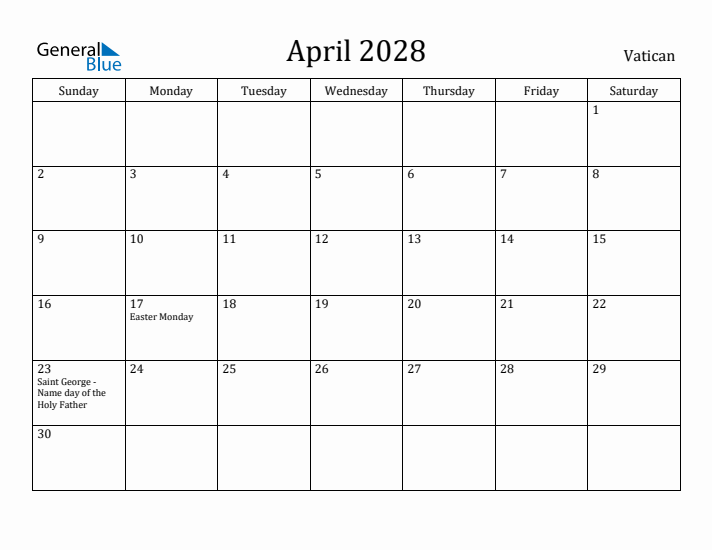 April 2028 Calendar Vatican