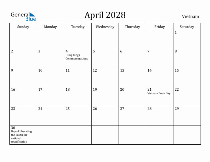 April 2028 Calendar Vietnam