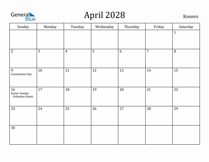 April 2028 Calendar Kosovo
