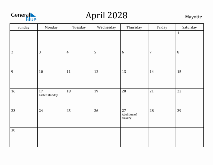 April 2028 Calendar Mayotte