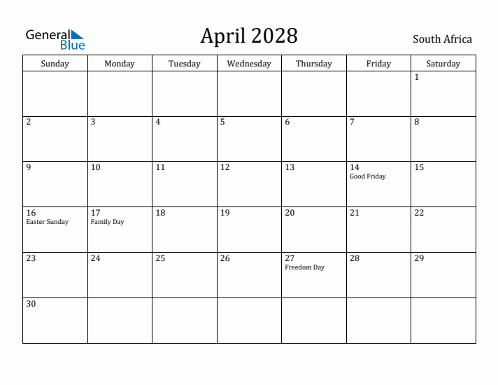 April 2028 Calendar South Africa