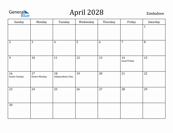April 2028 Calendar Zimbabwe