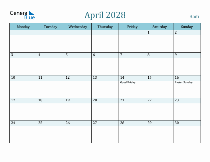 April 2028 Calendar with Holidays