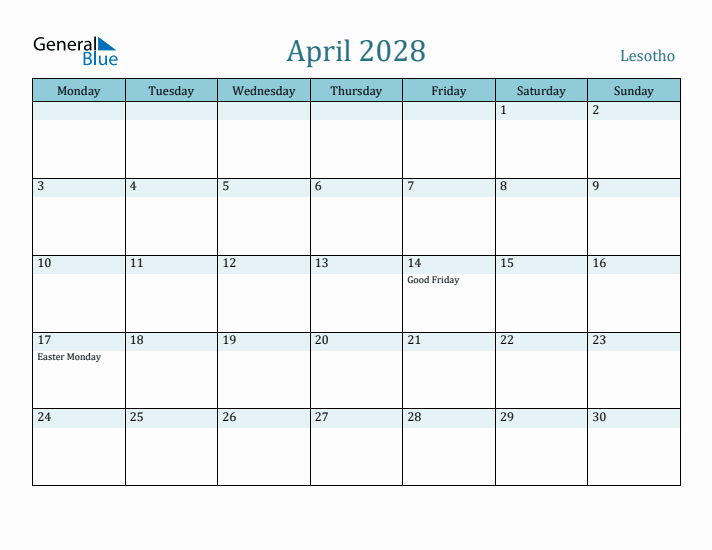 April 2028 Calendar with Holidays