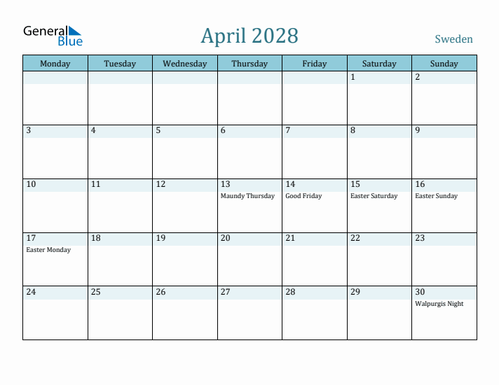 April 2028 Calendar with Holidays