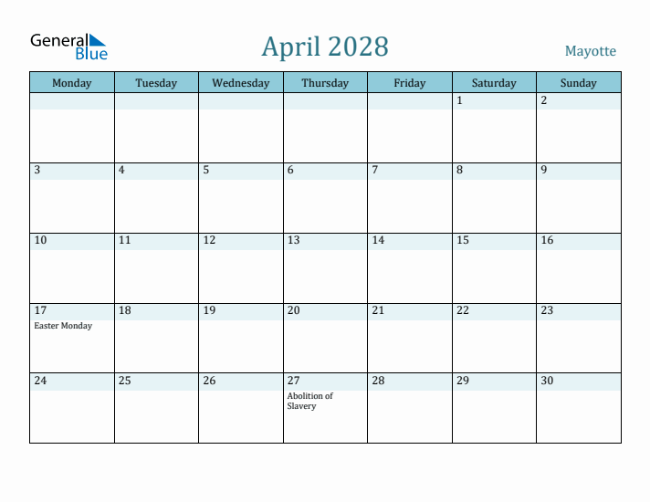 April 2028 Calendar with Holidays